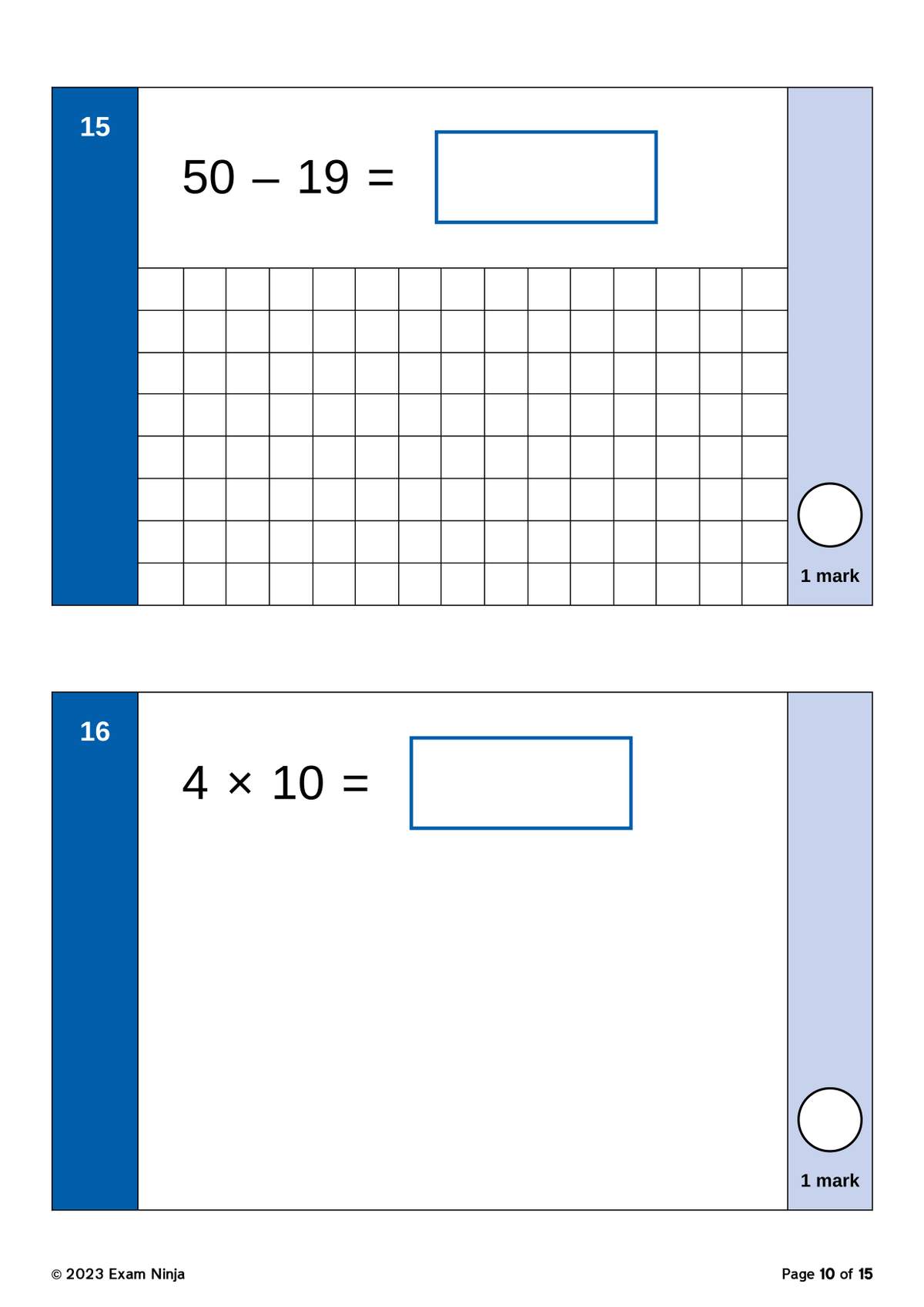 Two arithmetic questions for Year 2 pupils to solve, with a grid for working out the first sum