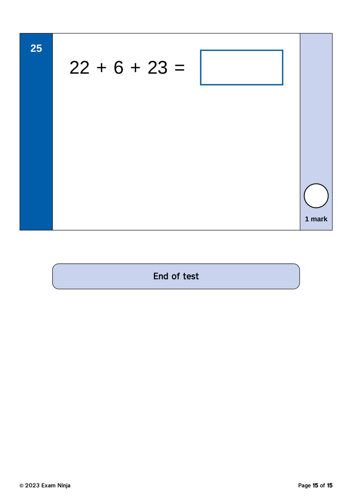 A final arithmetic question on page 25, asking children to add three numbers and write the answer in a box