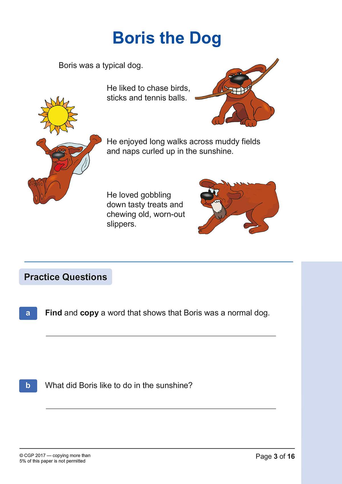 A short text about a dog named Boris is followed by two questions asking children to find a word and answer a simple question