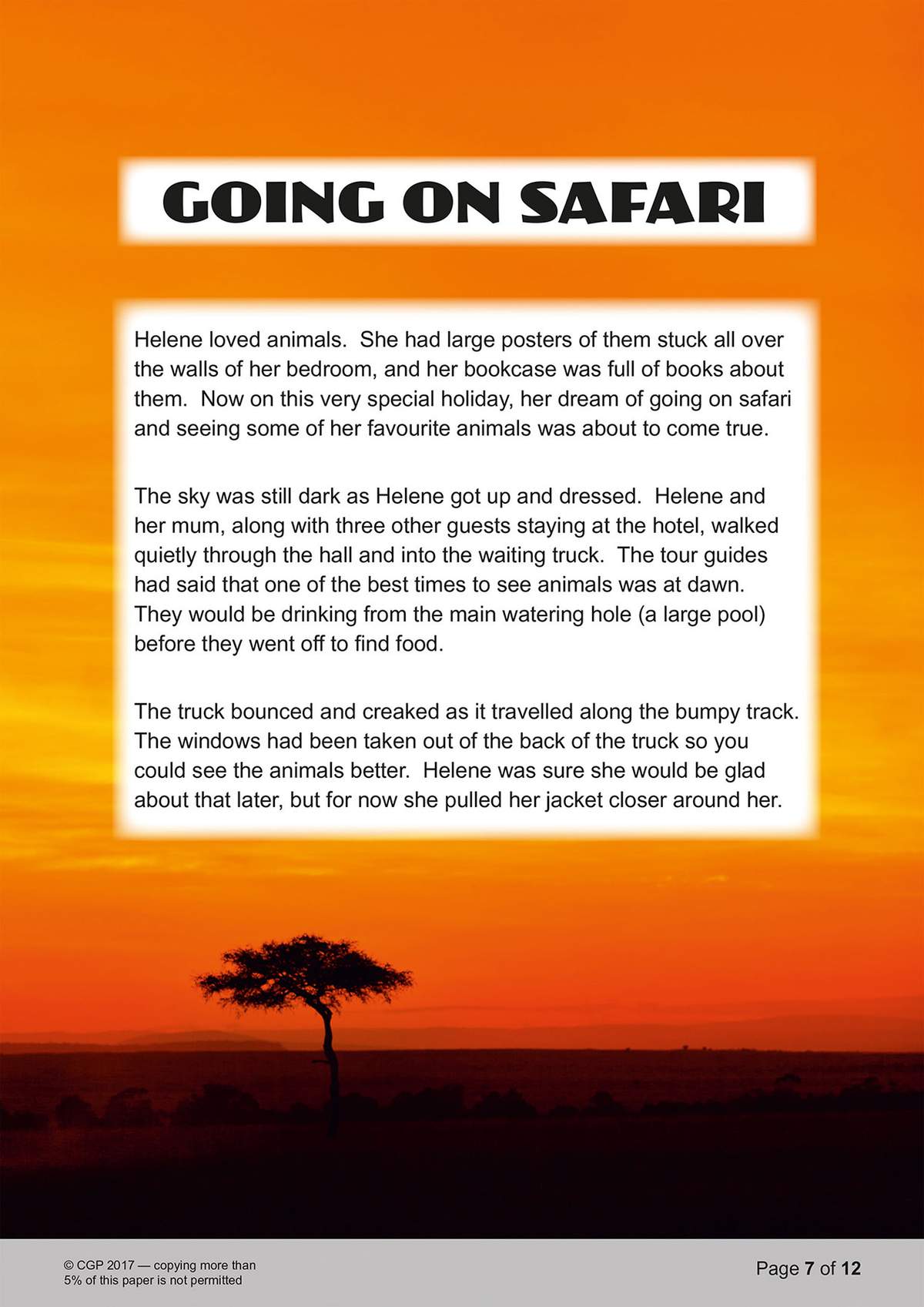 A short story about a girl named Helene going on a safari with her mum, set against a savannah sunset