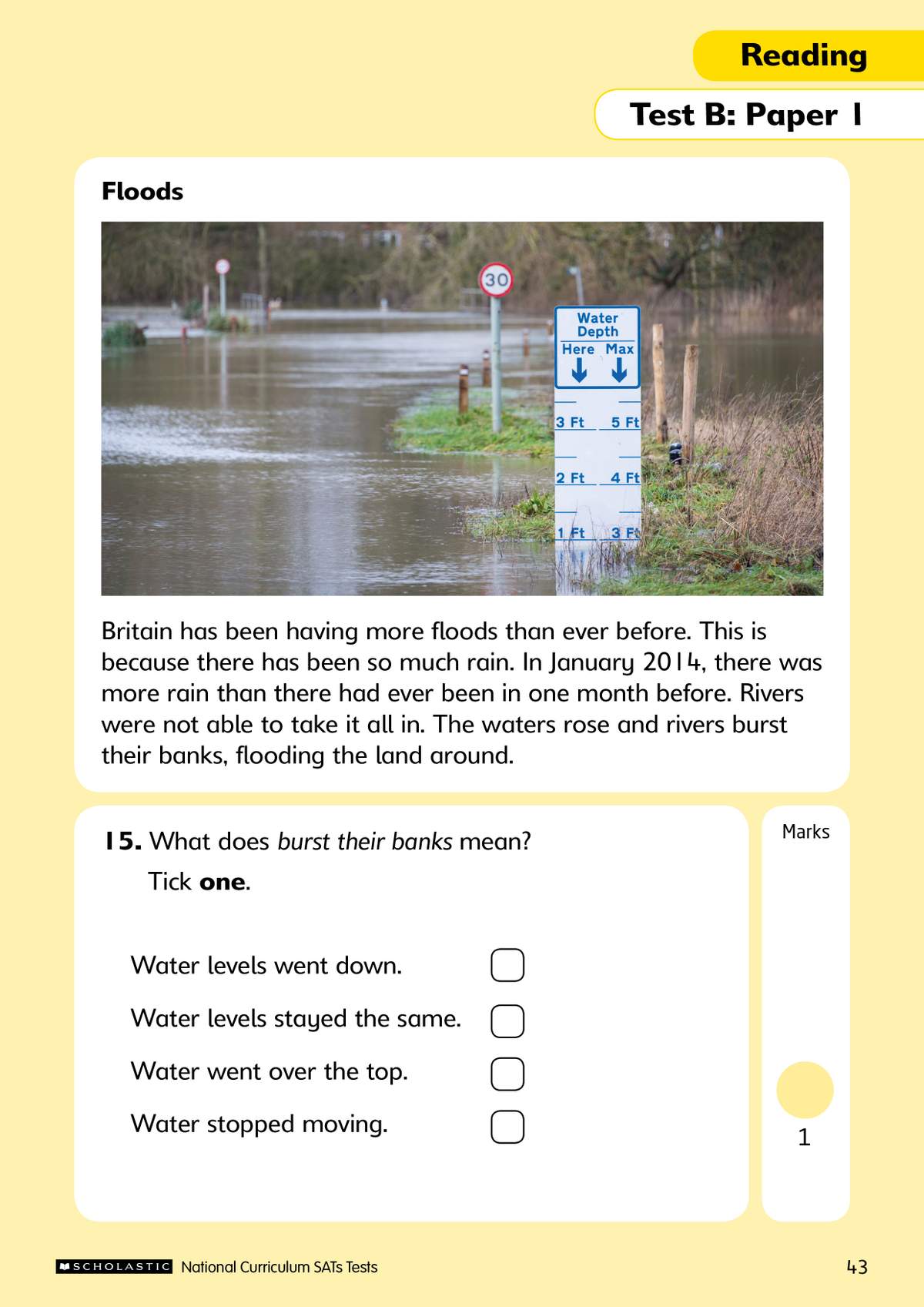 A short text about floods in Britain, followed by a multiple-choice question asking for the meaning of a phrase