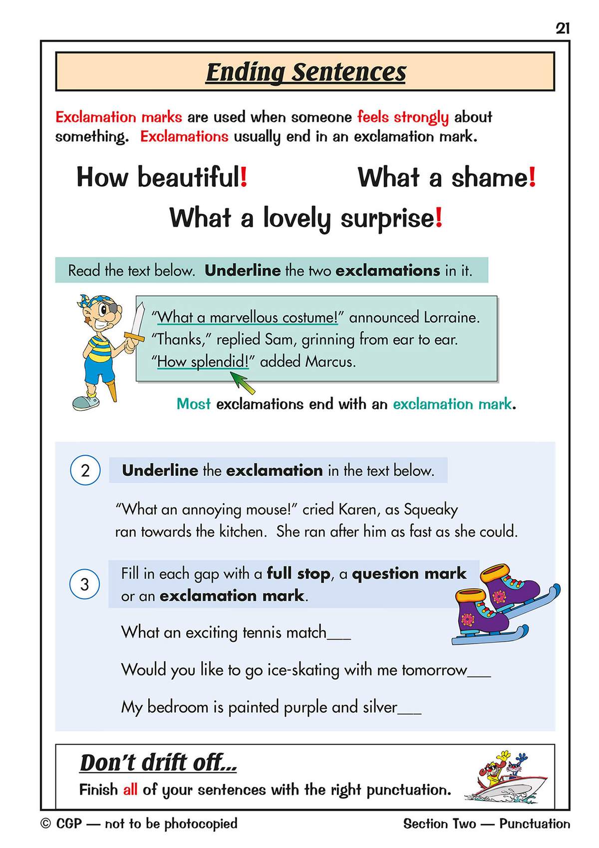 Children identify exclamation marks in short texts and choose the correct punctuation to finish sentences