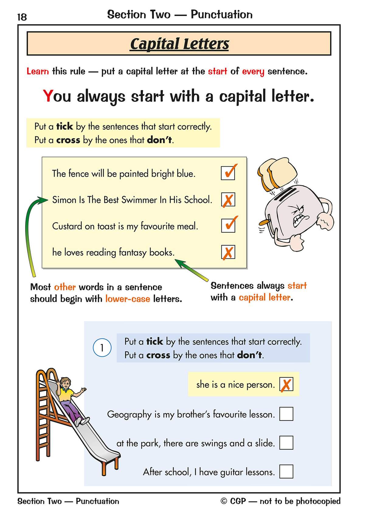 Children tick or cross sentences to check if they start with a capital letter, then complete a similar exercise