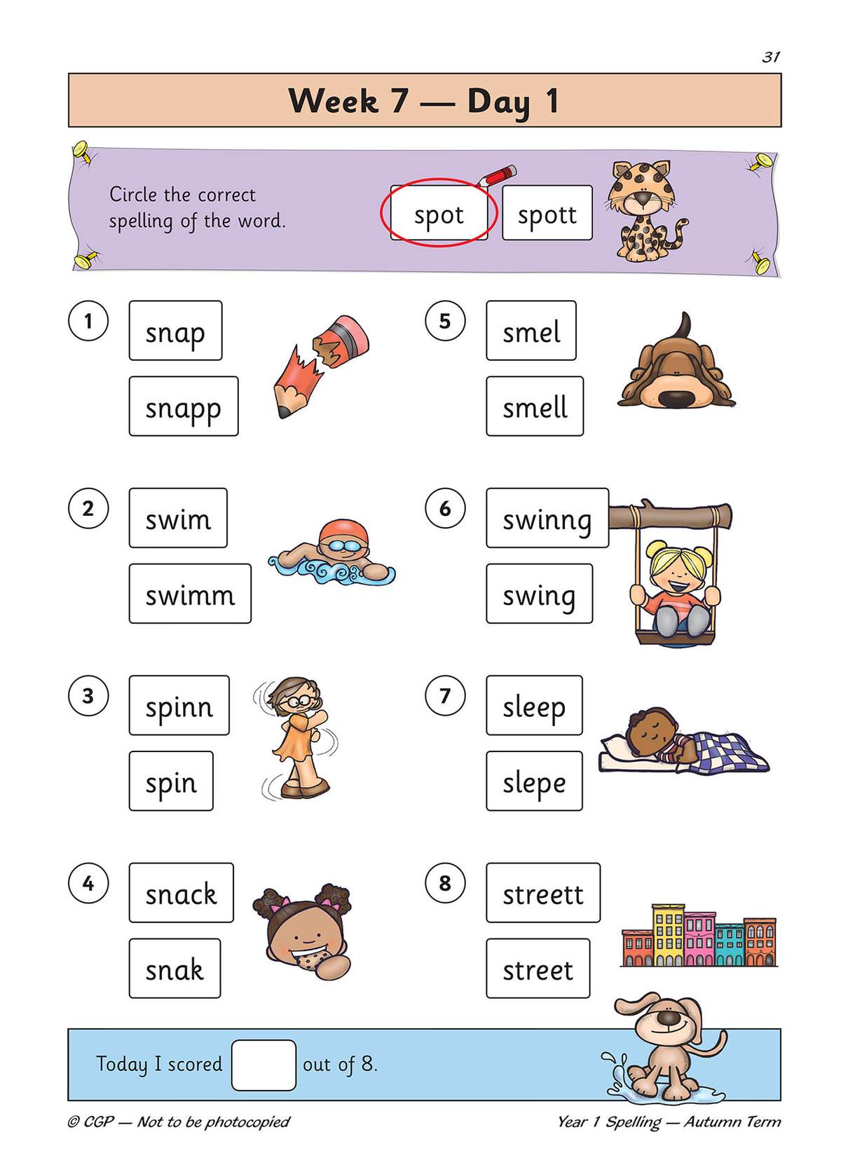 Children circle the correct spelling of eight words, each paired with a cartoon illustration to support meaning