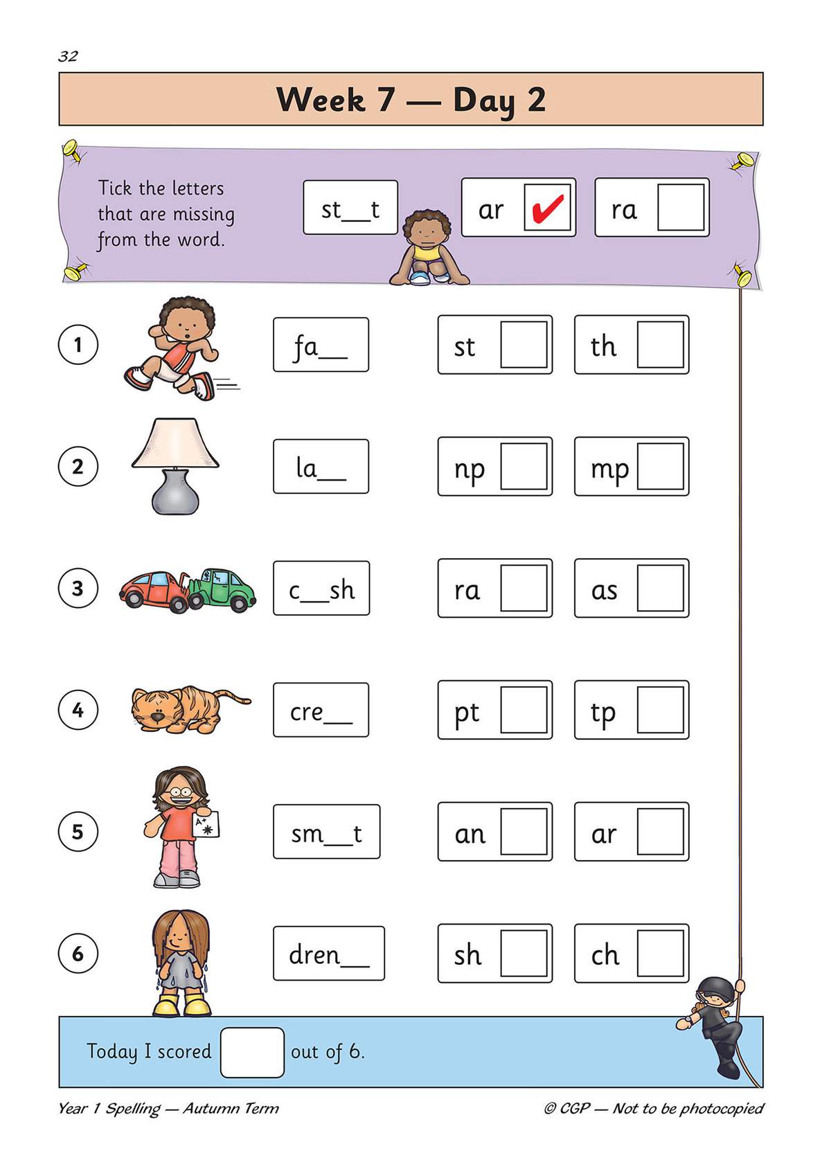 Children match pictures to words with missing letters, then tick the correct letter pairs to complete them