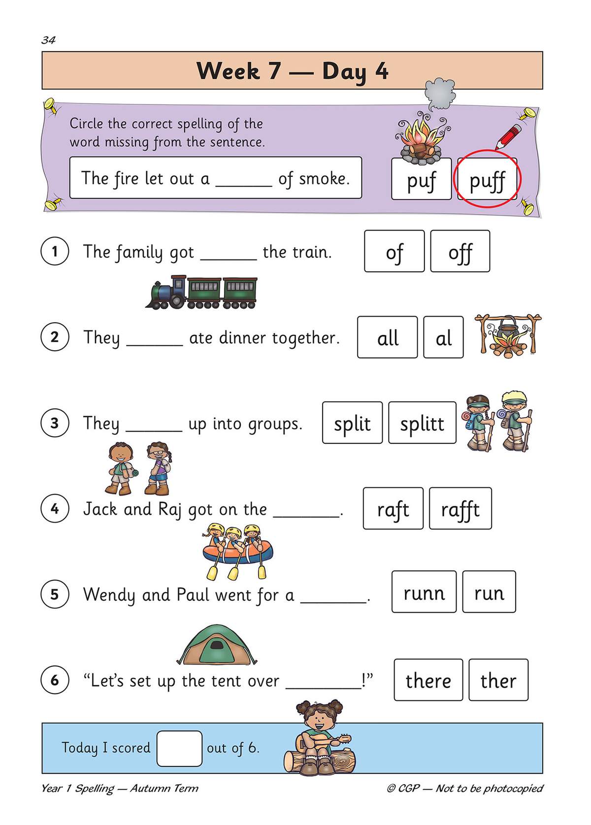 Children circle correct spellings in sentences about camping, then write the missing word in a box