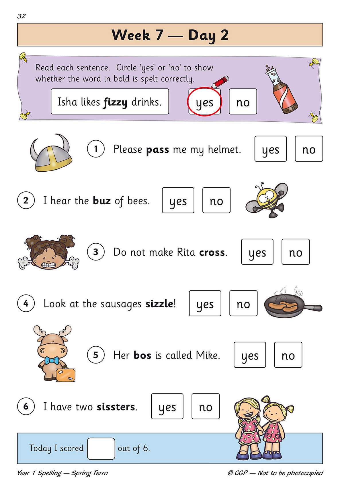 Children circle 'yes' or 'no' to check if six bold words are spelt correctly, with a score box at the bottom