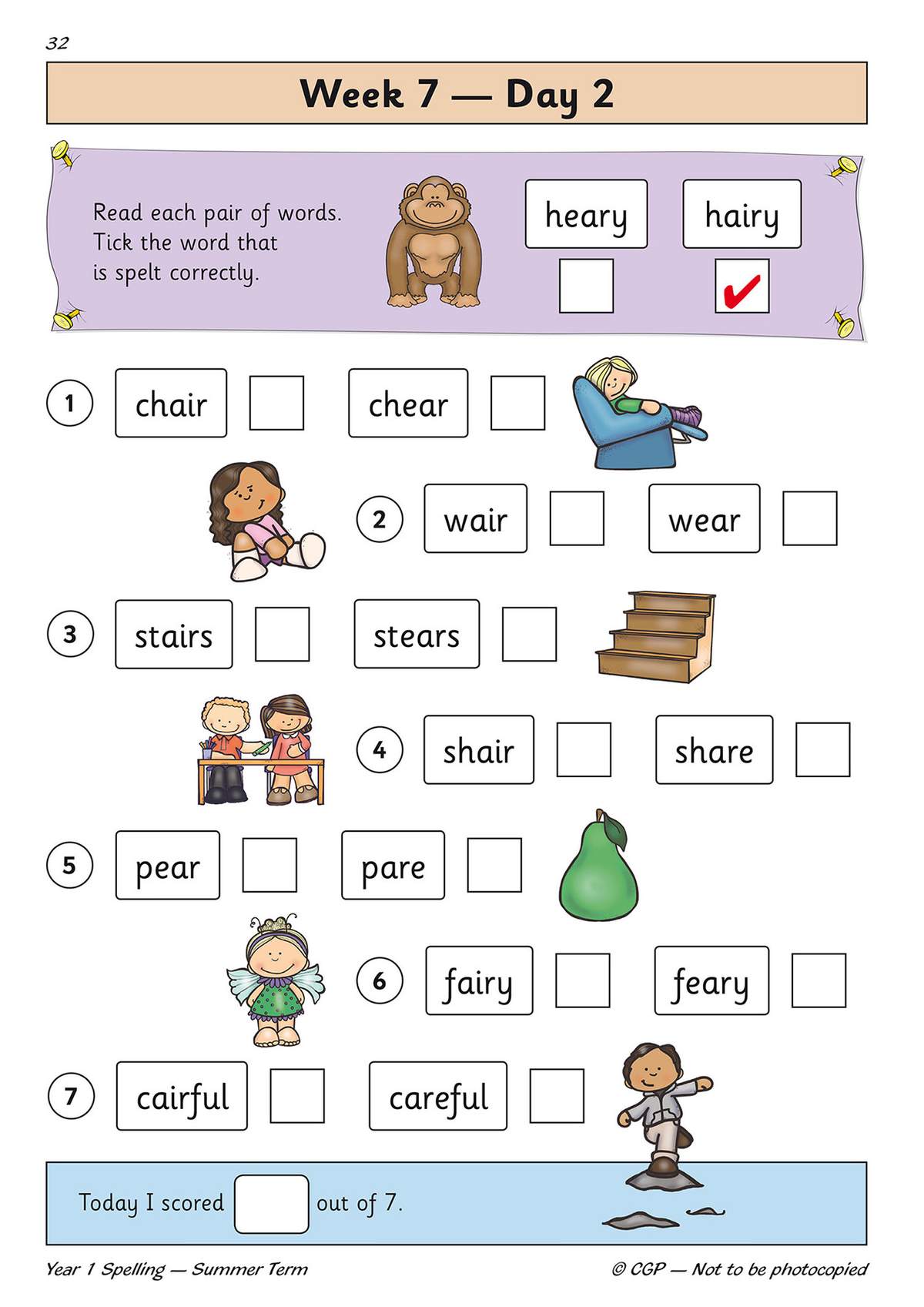 Children tick the correctly spelt word from pairs like 'chair' and 'cheat', using pictures to help them choose