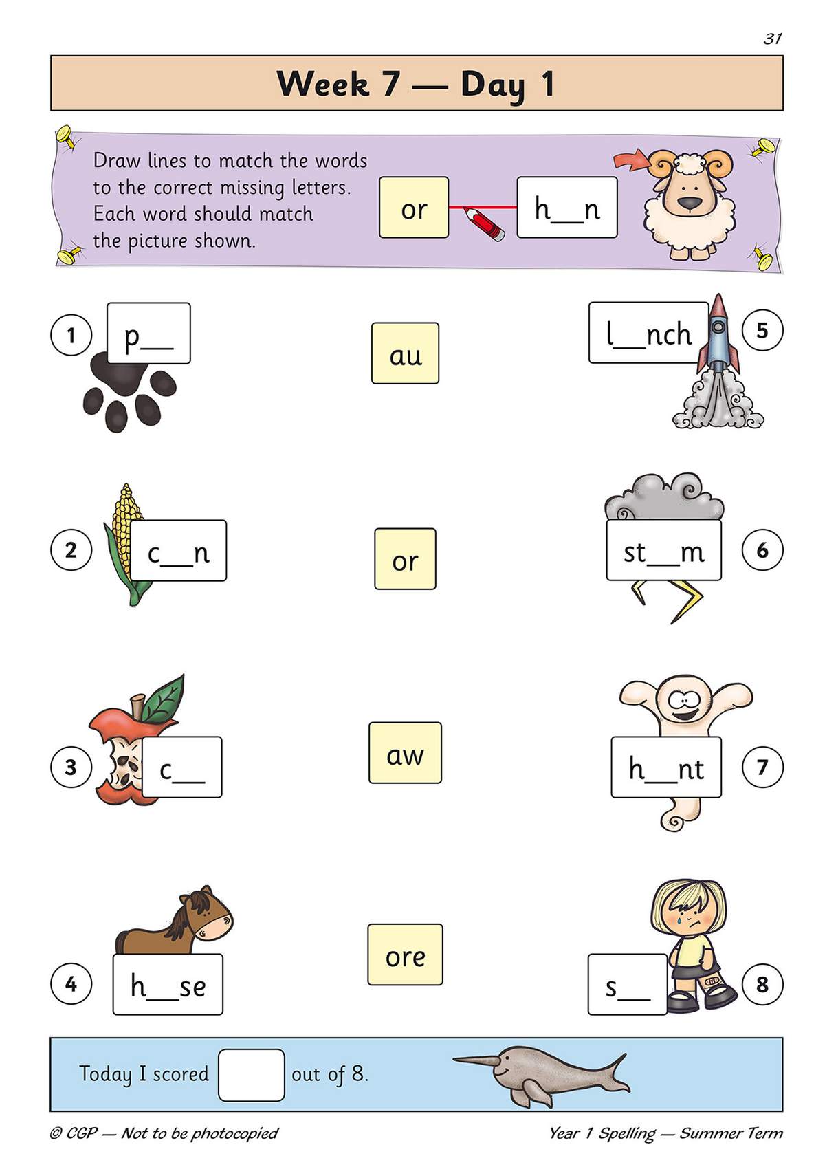 Children draw lines to match missing letters to pictures, practising Year 1 spelling words with a self-score box