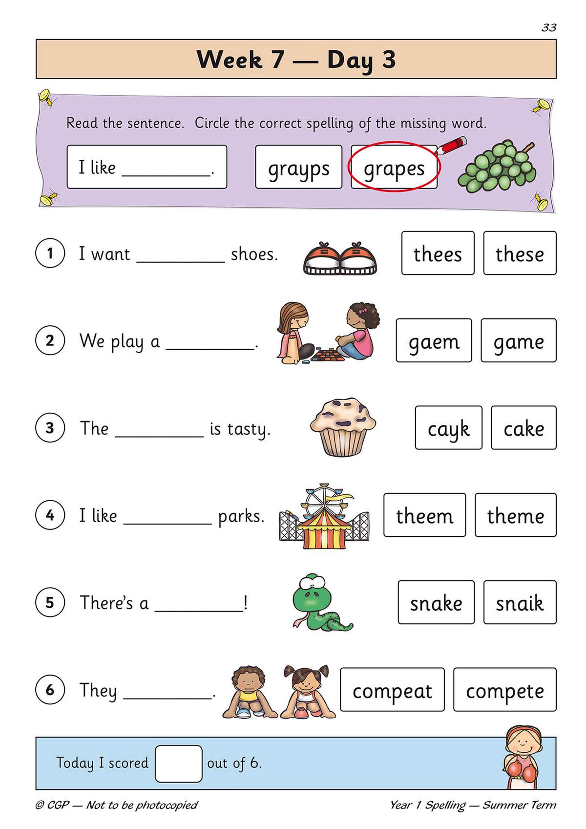 Children circle the correct spelling for six sentences, each with a picture and two word choices