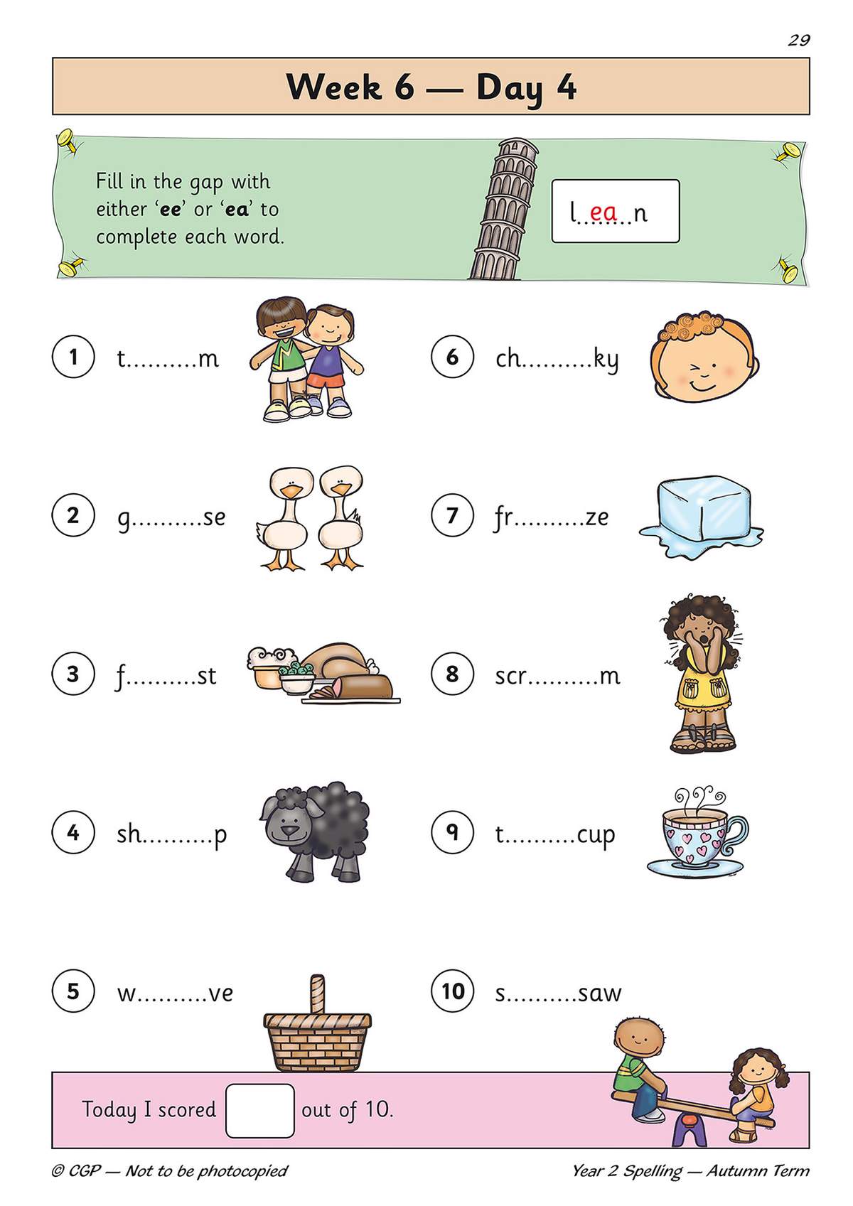 Children fill in gaps with 'ee' or 'ea' in ten words, each paired with a cartoon picture to help them choose the right sound