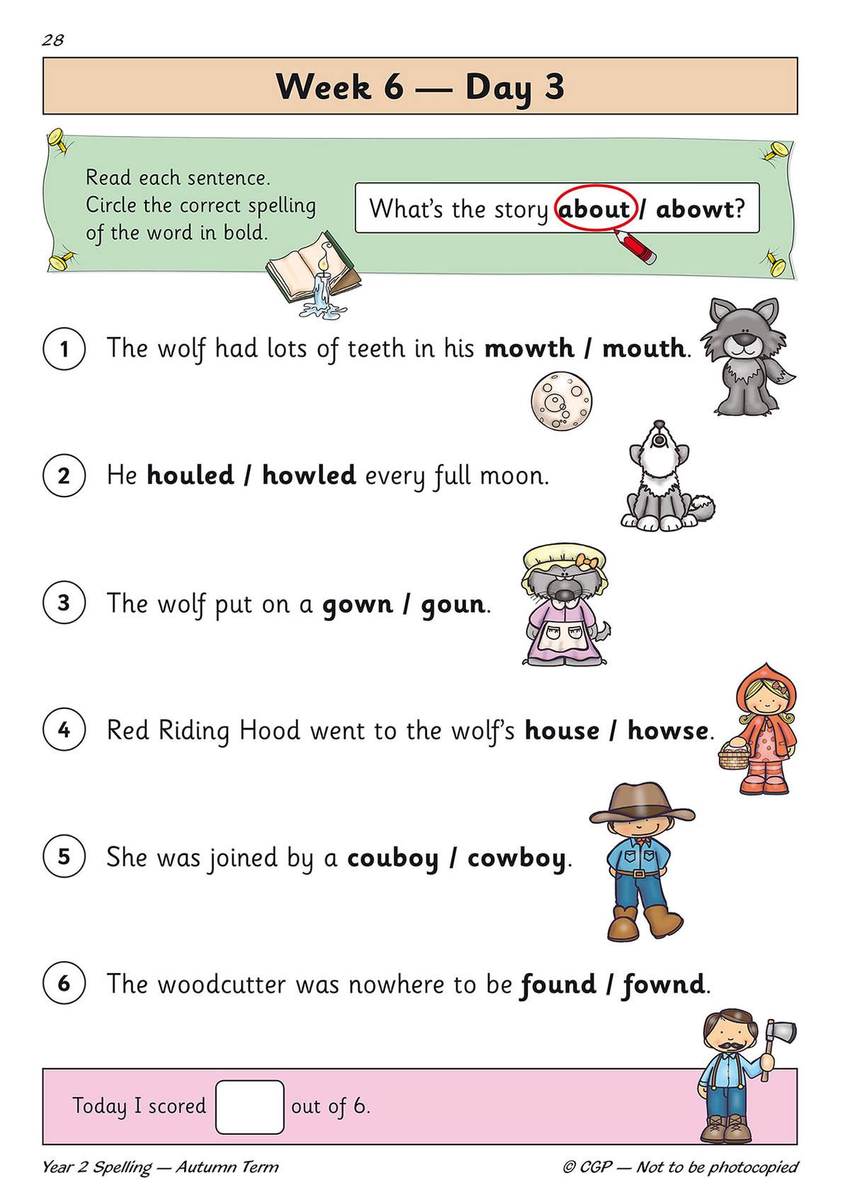 Children circle the correct spelling of six words in sentences featuring a wolf and Red Riding Hood, then tick their score
