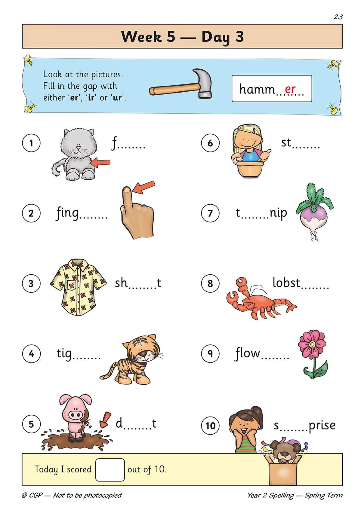 Children complete ten spelling gaps using er, ir or ur, with a self-assessment box at the bottom