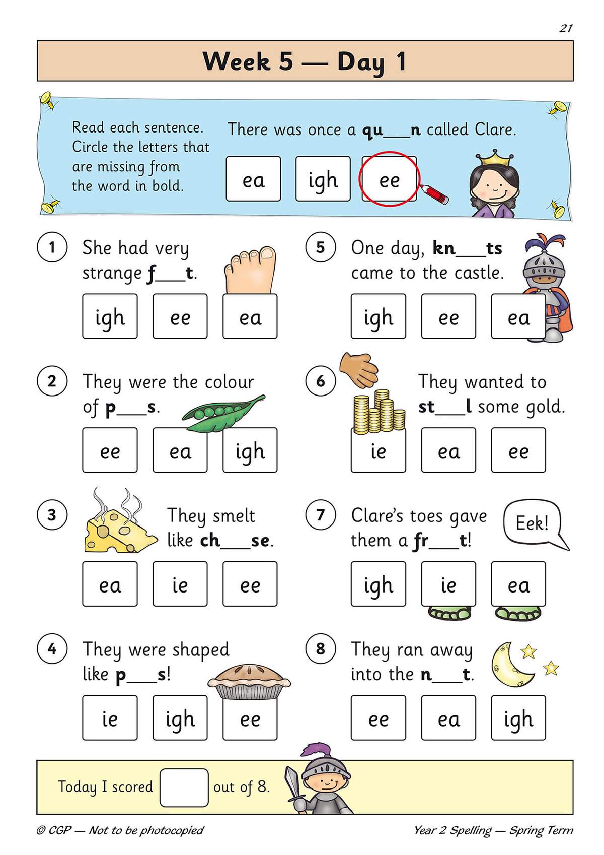Children circle missing letters in sentences about a princess and knight, then fill in blanks to complete words