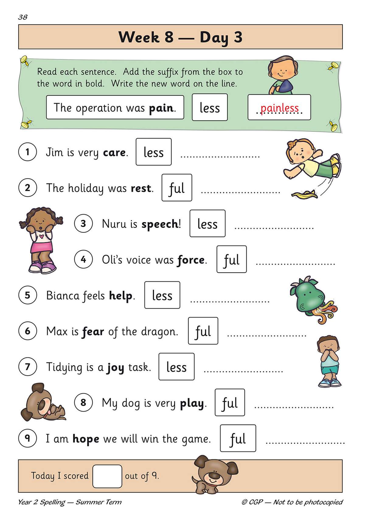 Children add suffixes to base words in sentences and write the new words on dotted lines