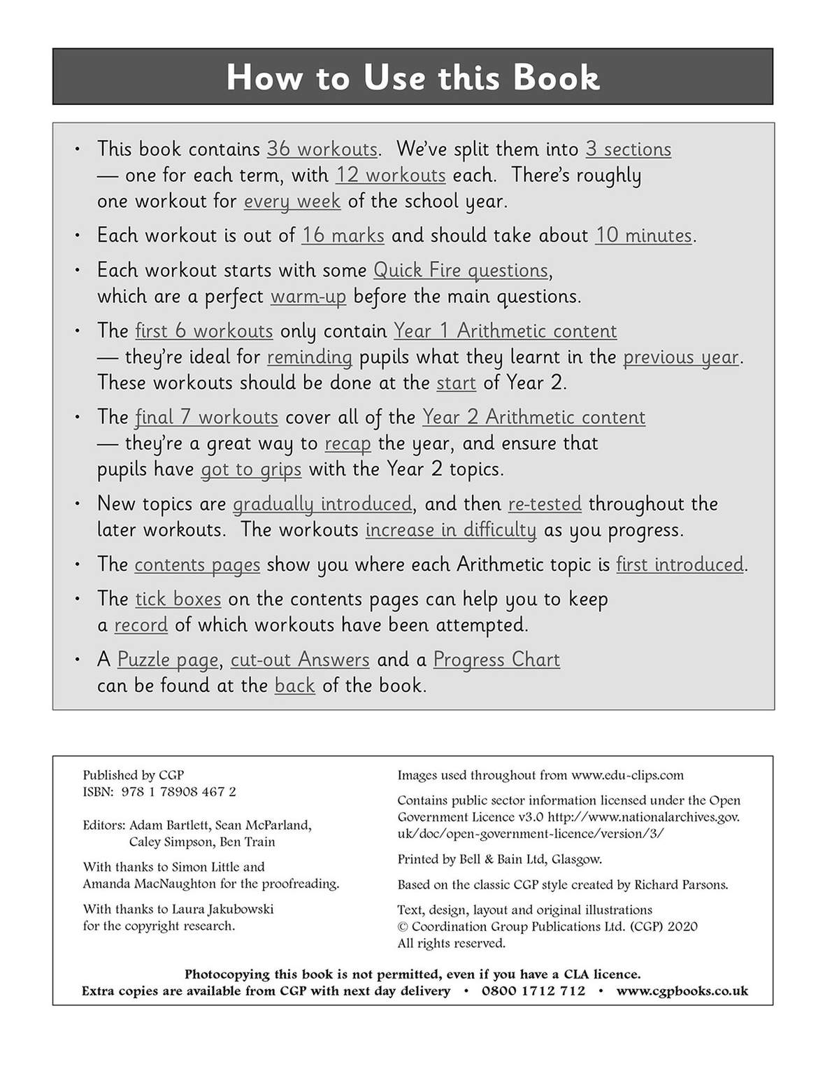 Instructions explain how to use the 36 arithmetic workouts, including timing and progression from Year 1 to Year 2 content