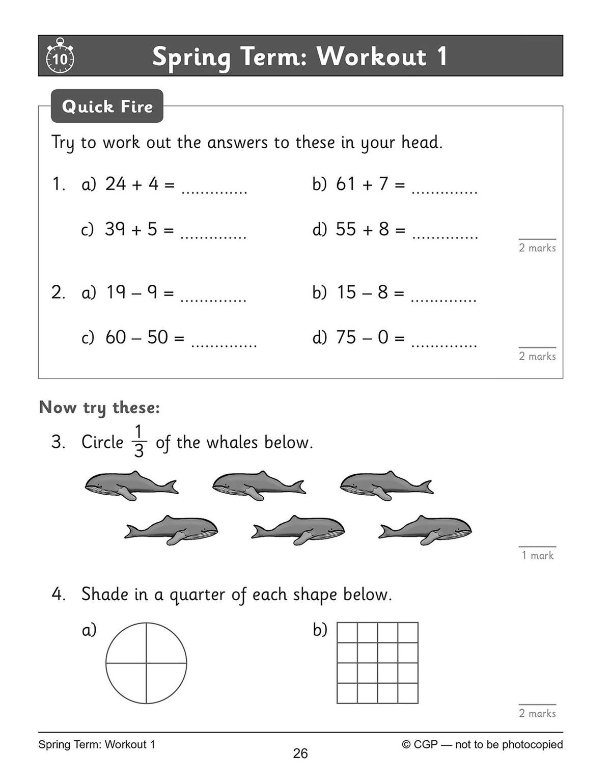 Children solve mental addition and subtraction sums, then circle one-third of whales and shade a quarter of shapes