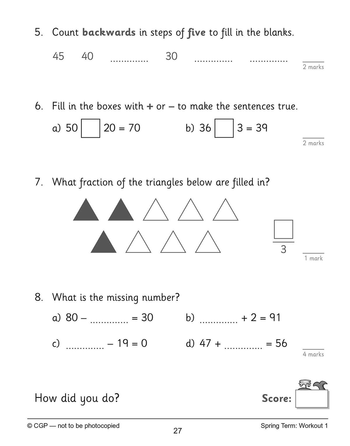 Children complete four short arithmetic questions involving counting backwards, missing numbers and fractions