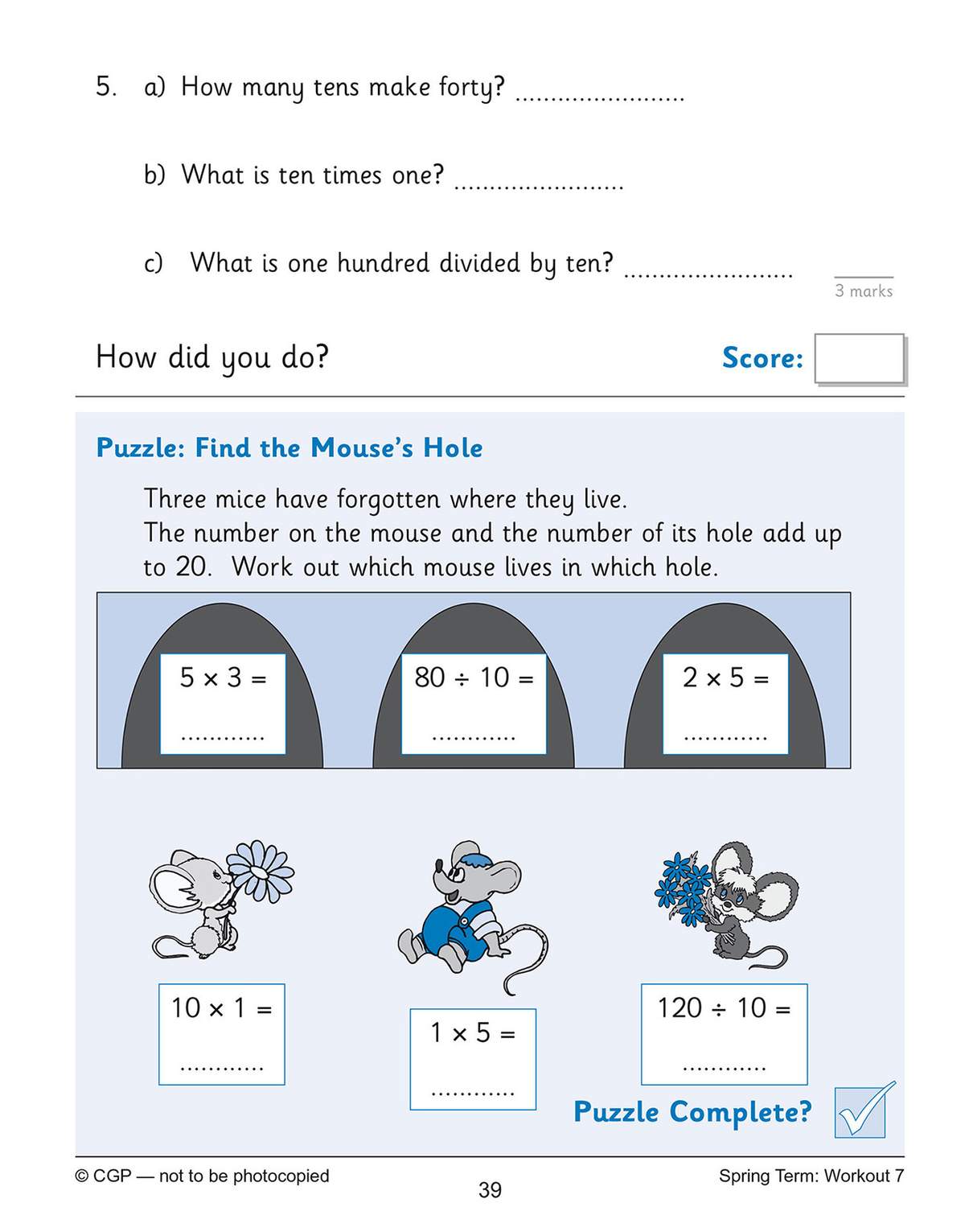 Children solve six multiplication and division sums to match mice to their holes, then tick a box to check their work
