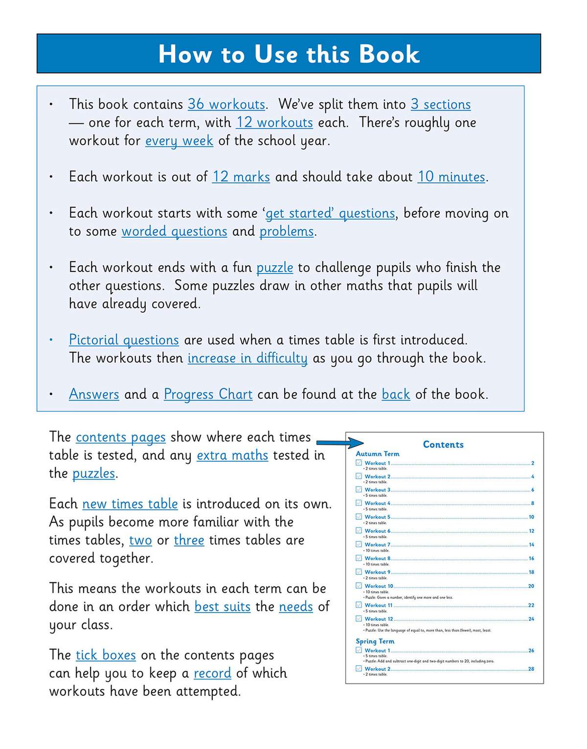 Instructions explain the book's structure, marking, and how to use the contents pages to track progress