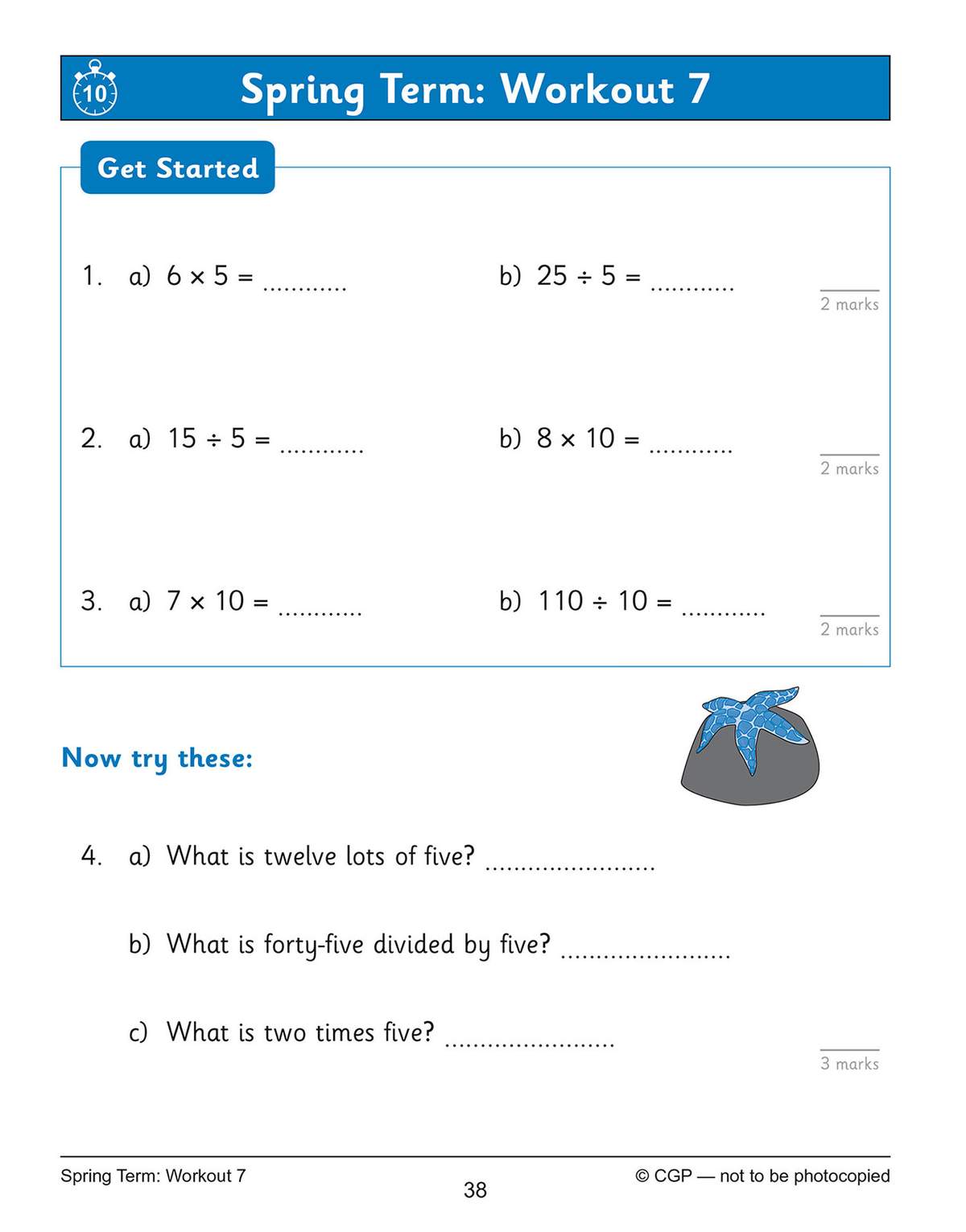 Children complete six multiplication and division questions, including word problems, to practise their 5 and 10 times tables