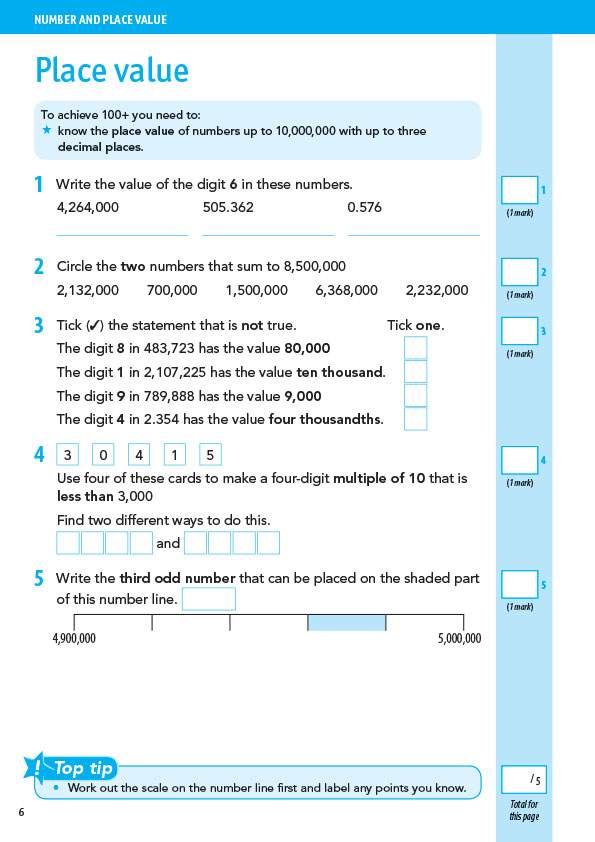 Five questions on place value, including writing values, circling sums, ticking true statements