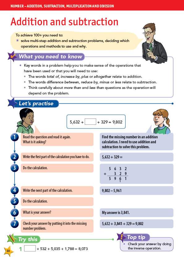 A worked example shows how to find a missing number in a calculation, with step-by-step instructions and a top tip