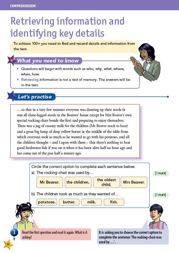 A short text about a beaver family's meal, followed by two multiple-choice questions to test retrieval of specific details