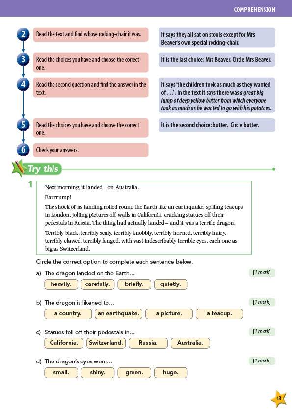 A short story about a dragon landing on Earth, followed by four multiple-choice questions to test reading comprehension