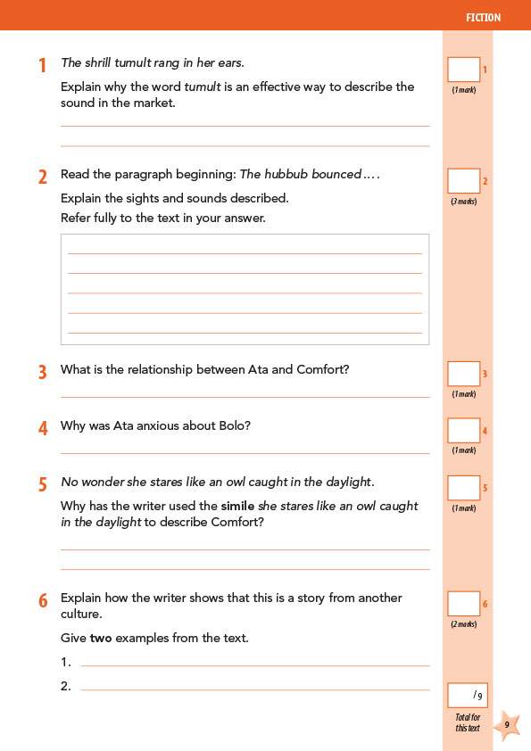 Six questions on a fiction text ask children to explain word choice, literary devices and cultural references