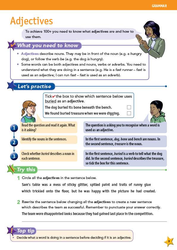 A grammar page teaching adjectives with examples, then exercises to circle adjectives and rewrite sentences