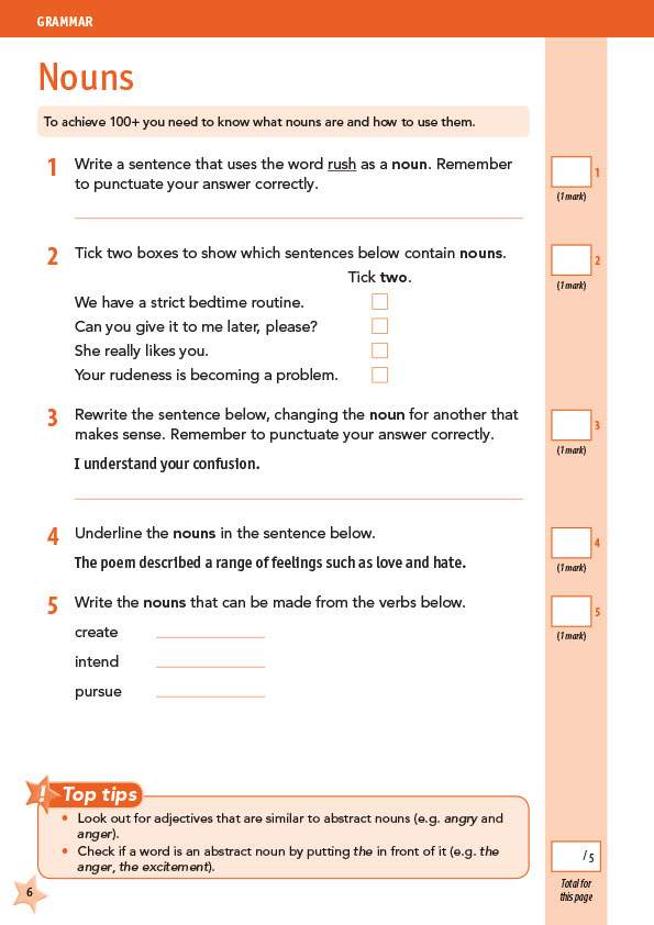 Five grammar exercises on nouns, including writing sentences, ticking correct options, and rewriting sentences with new nouns