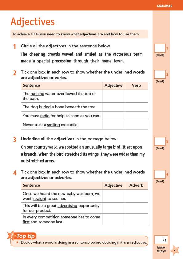 Four grammar exercises on adjectives and adverbs, including circling, ticking, and underlining in a short text