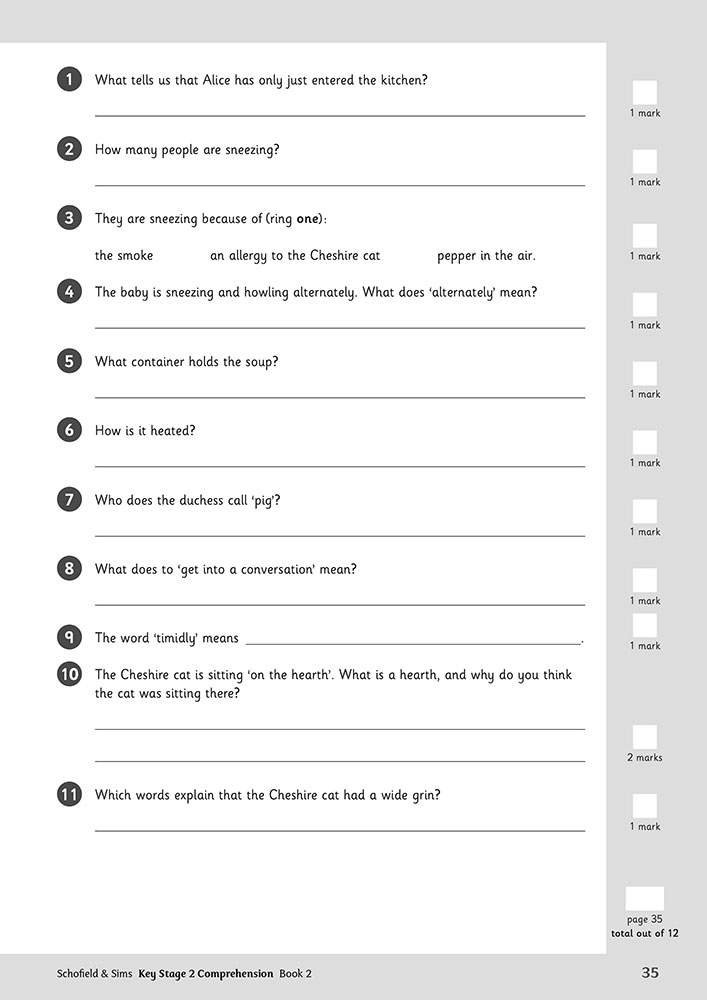 Eleven questions test understanding of an Alice in Wonderland text, including vocabulary and inference