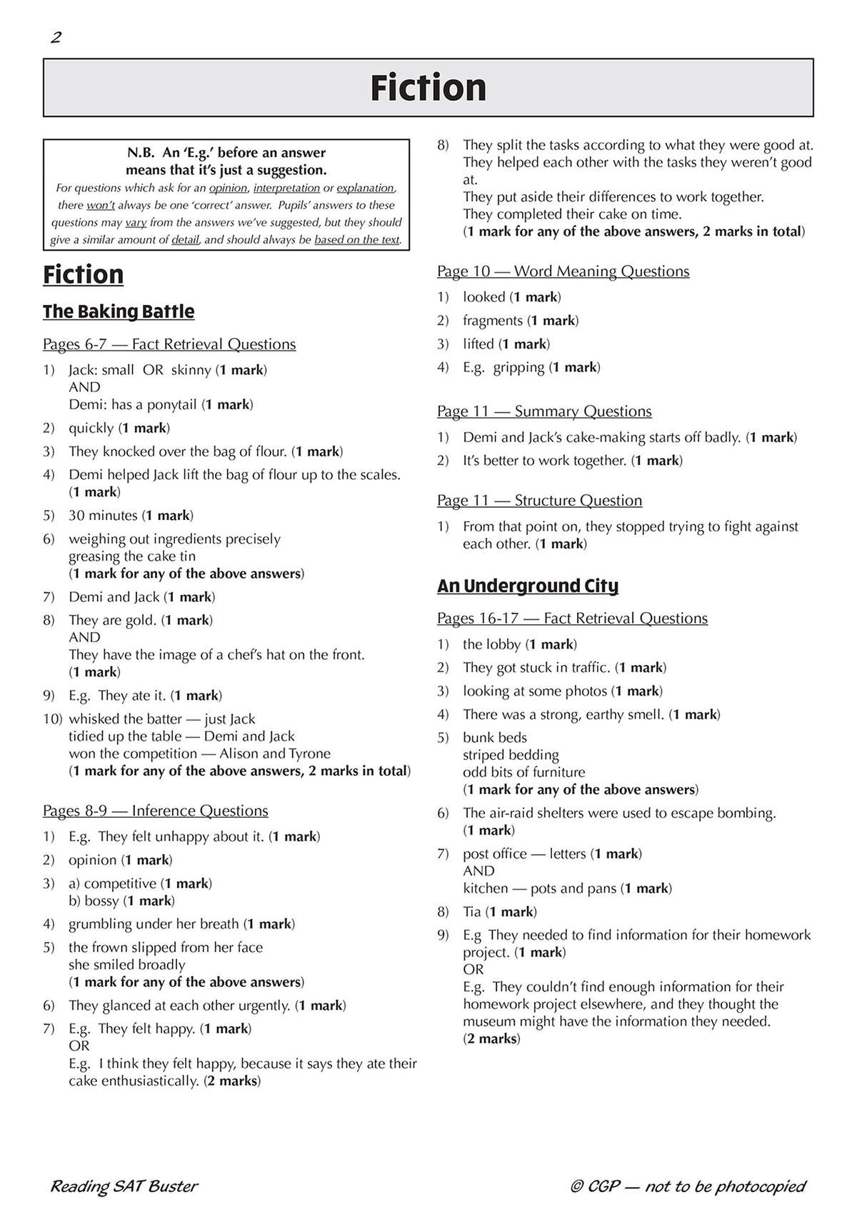 A page of model answers for fiction questions, including fact retrieval, inference, and summary tasks