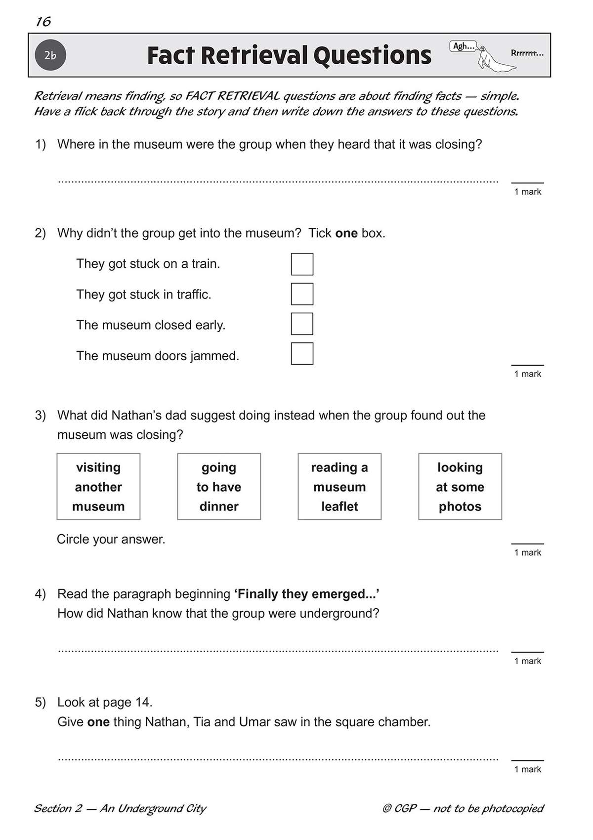 Five questions on fact retrieval from a story about a museum visit, requiring short answers, ticking, and circling