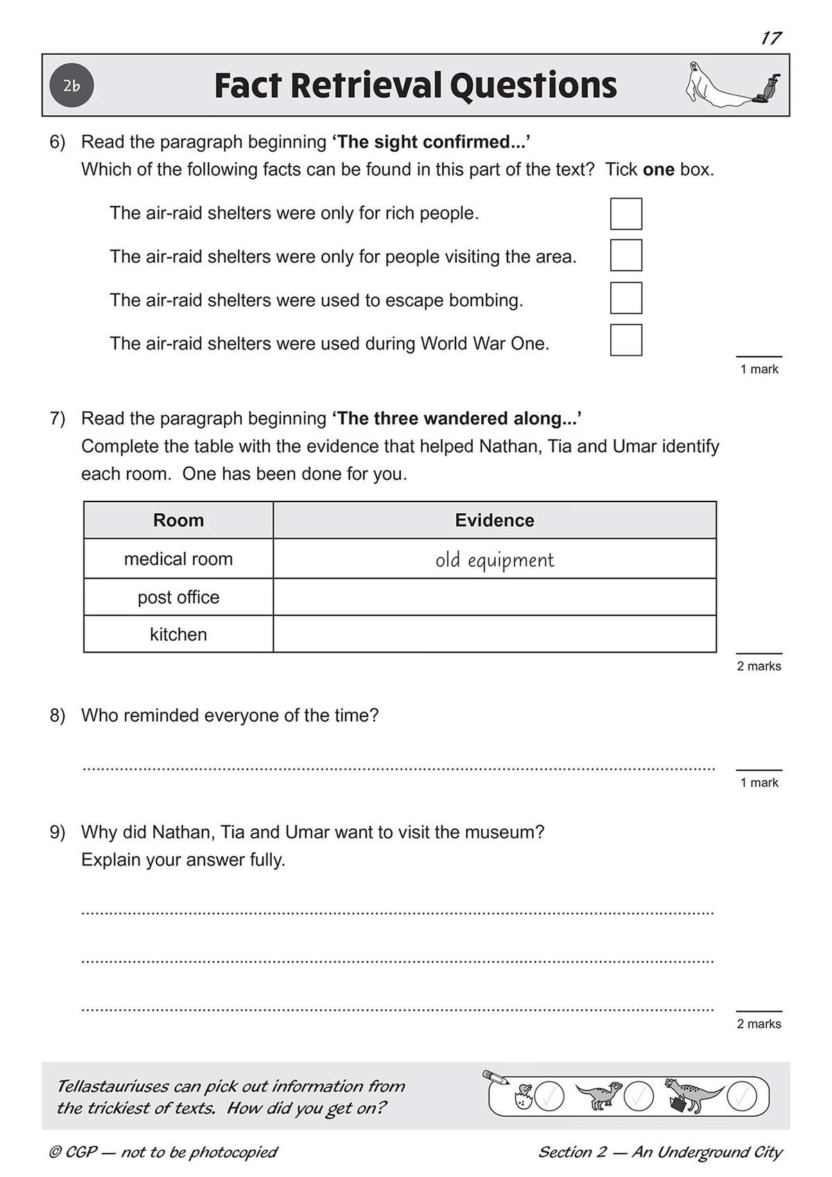 Four questions test fact retrieval and evidence gathering from unseen text, including multiple choice, table completion