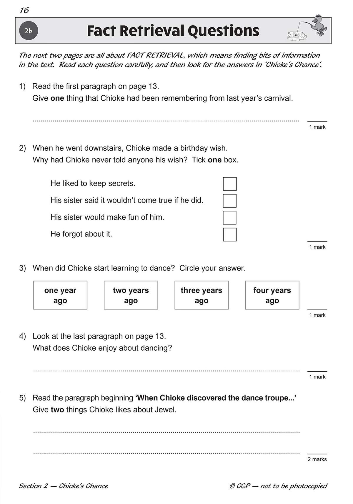 Five questions on fact retrieval from a story about Chioke, requiring short answers, ticking boxes, and circling options