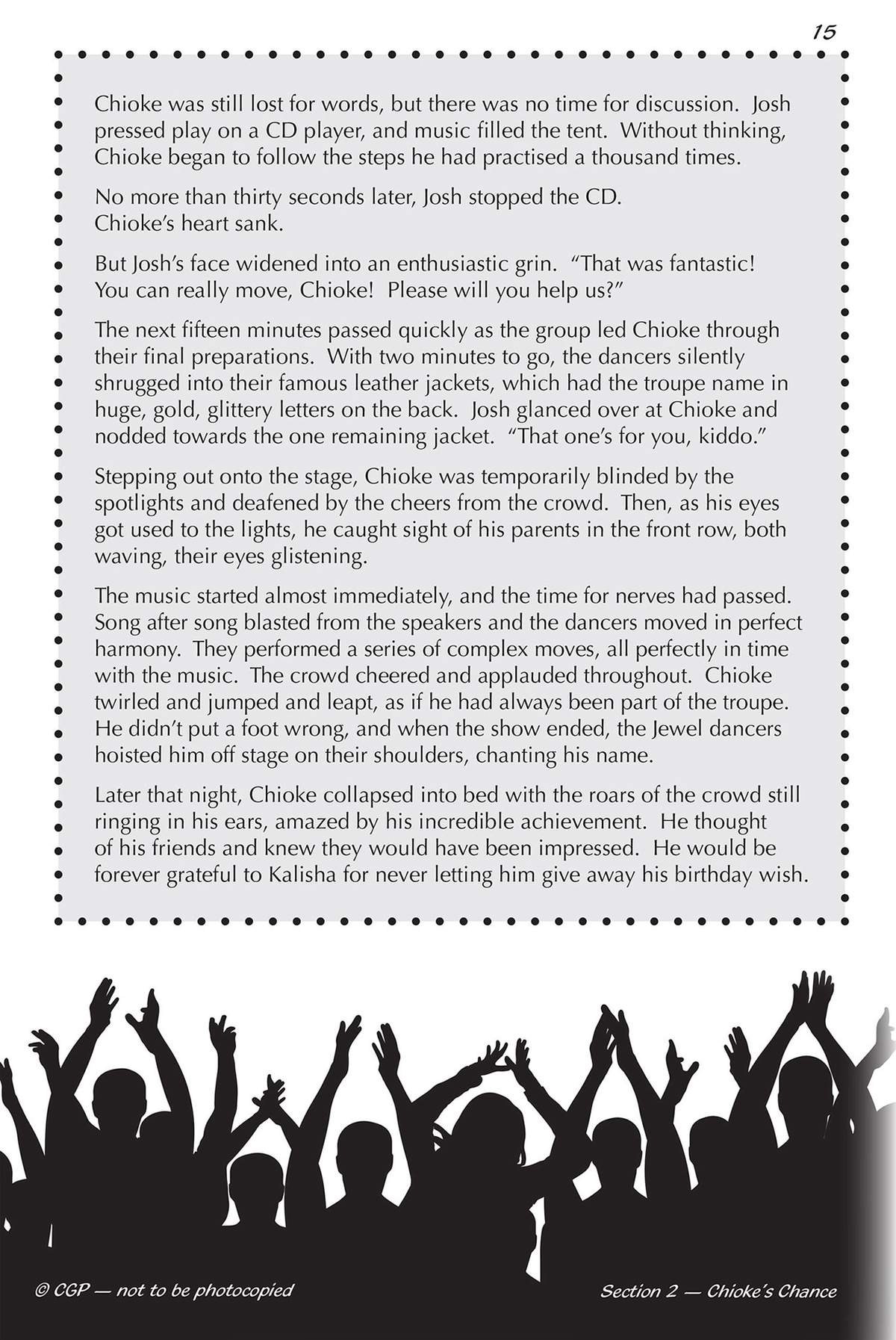 A narrative passage about a boy joining a dance troupe, set against a backdrop of a cheering crowd