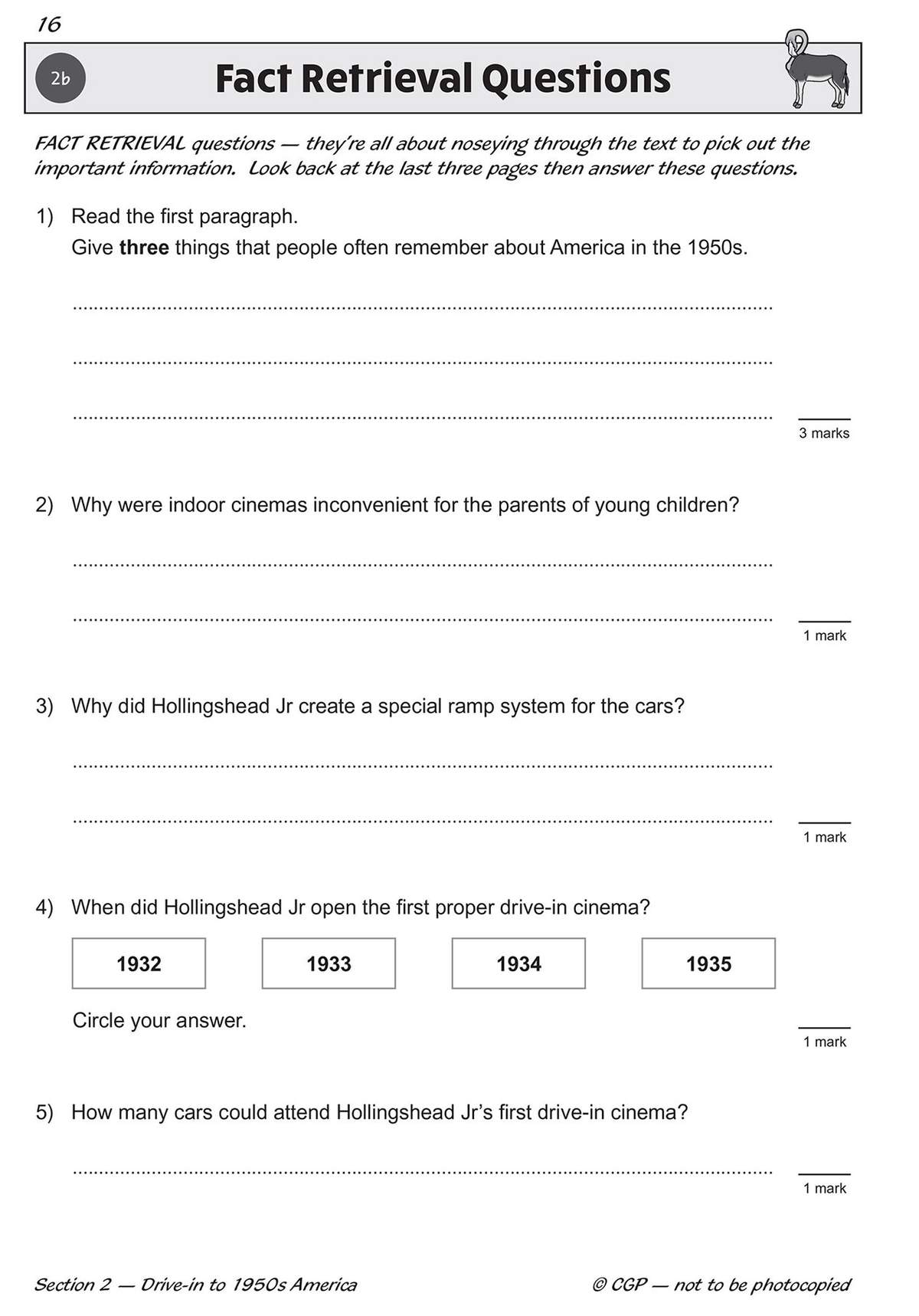 Five questions on drive-in cinemas require short written answers or circling a date to test fact retrieval