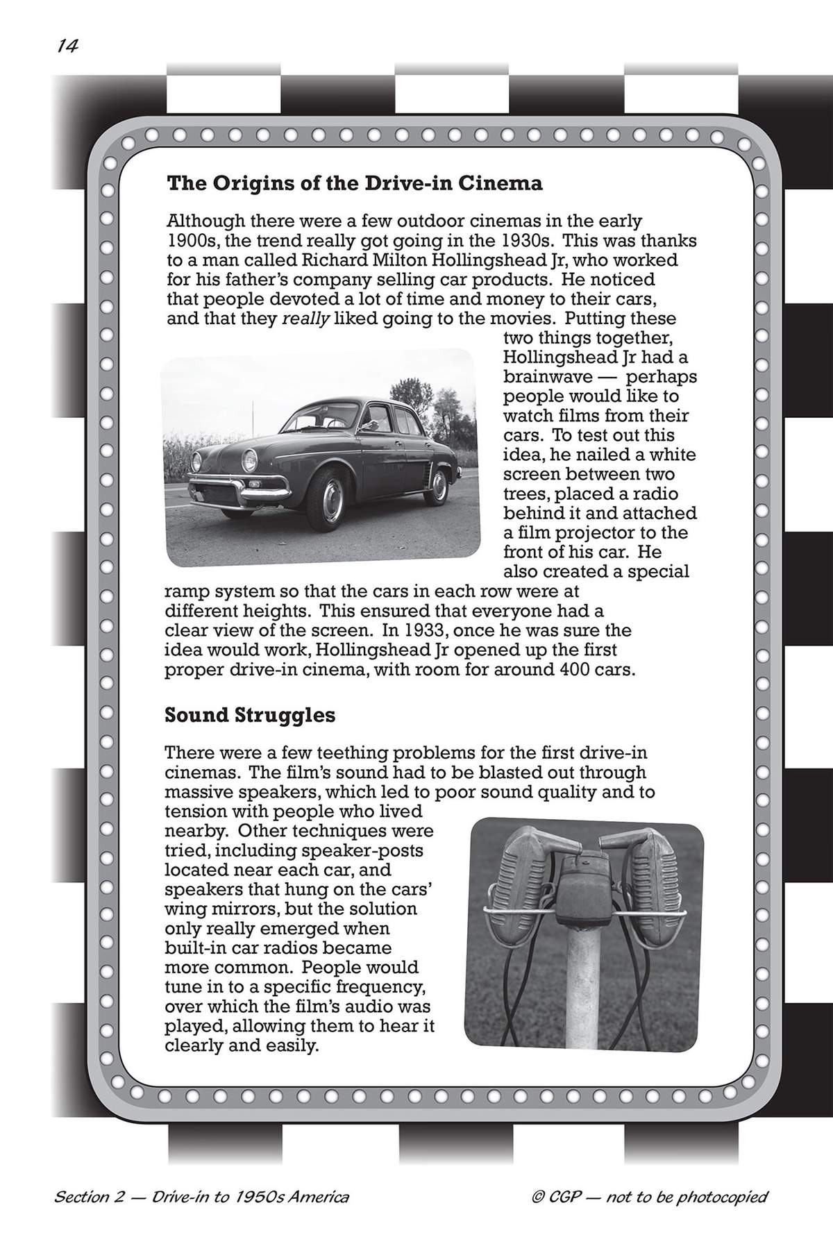 A text explains how drive-in cinemas began in the 1930s, supported by two black and white photographs