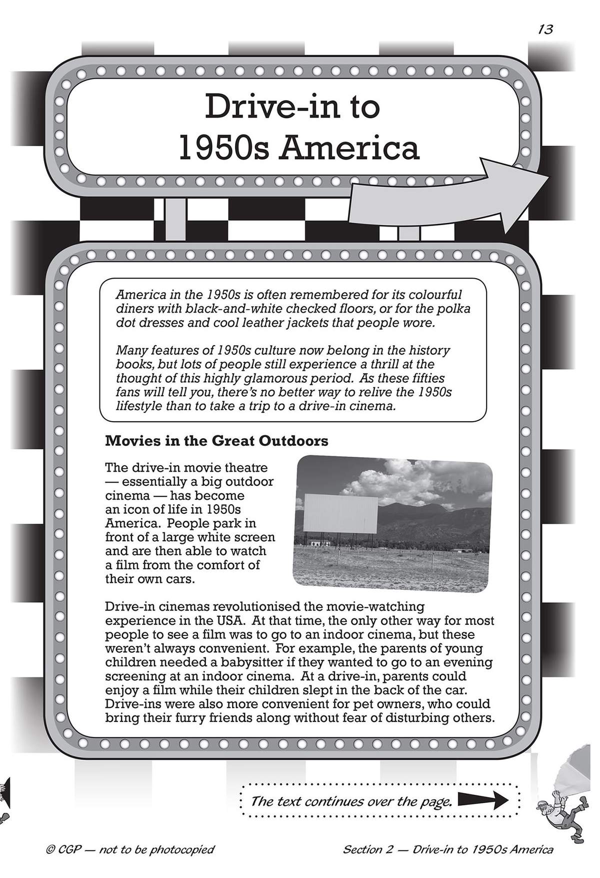 A text explaining 1950s drive-in cinemas, with a black-and-white photo of a screen and mountains