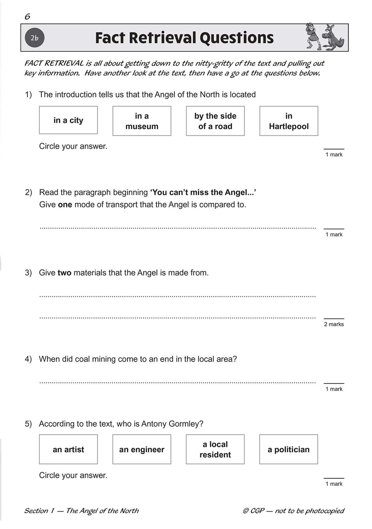 Five questions test fact retrieval from a text about the Angel of the North, using multiple choice and short answer formats