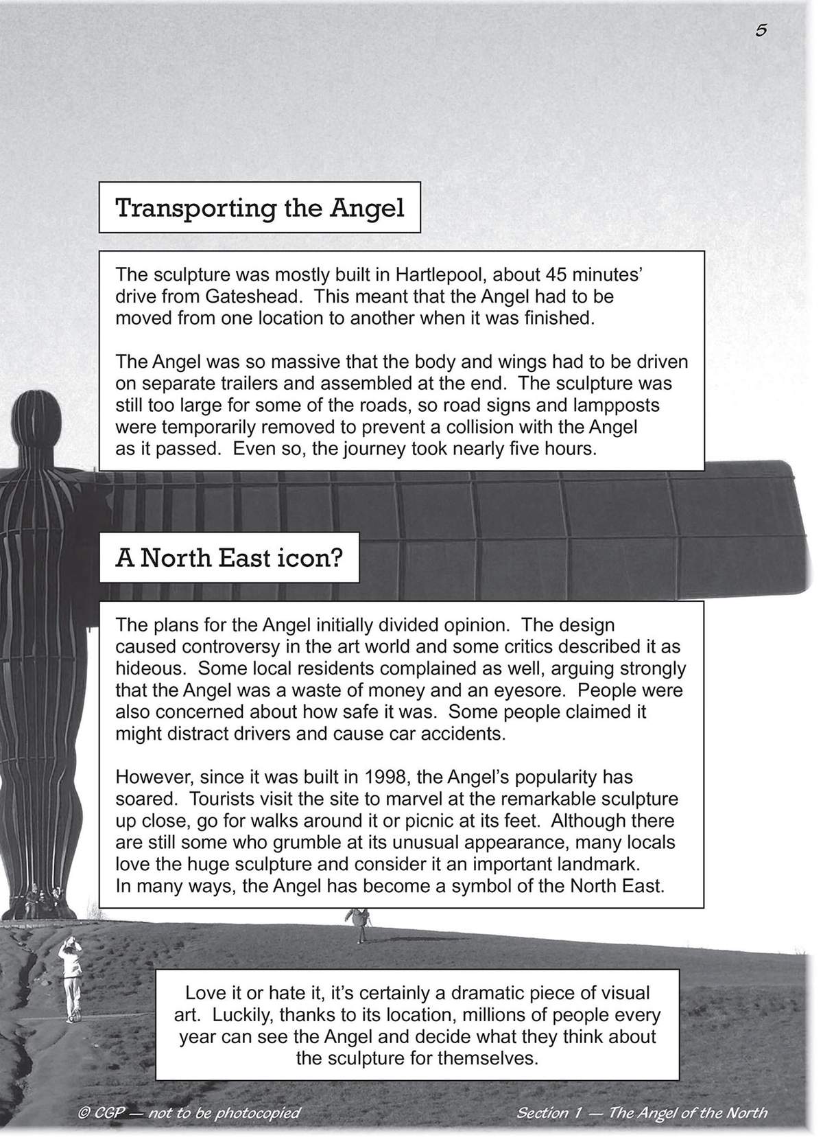 A non-fiction text about the construction and transport of the Angel of the North, with a photo of the sculpture