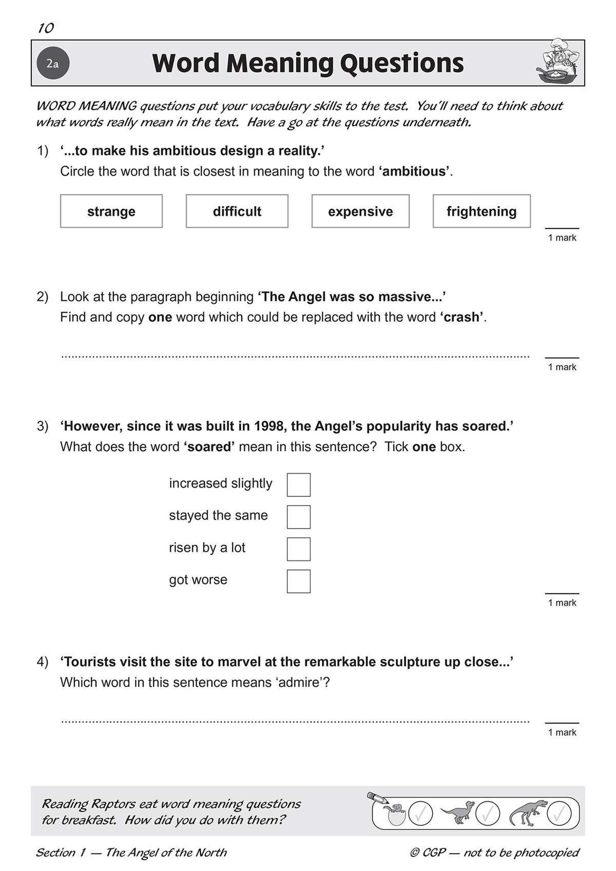 Four questions test vocabulary skills using synonyms, antonyms and definitions from a text about the Angel of the North