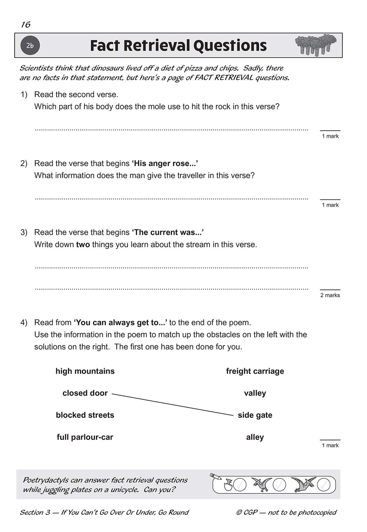 Four questions require children to read specific verses from a poem and answer short questions or match obstacles