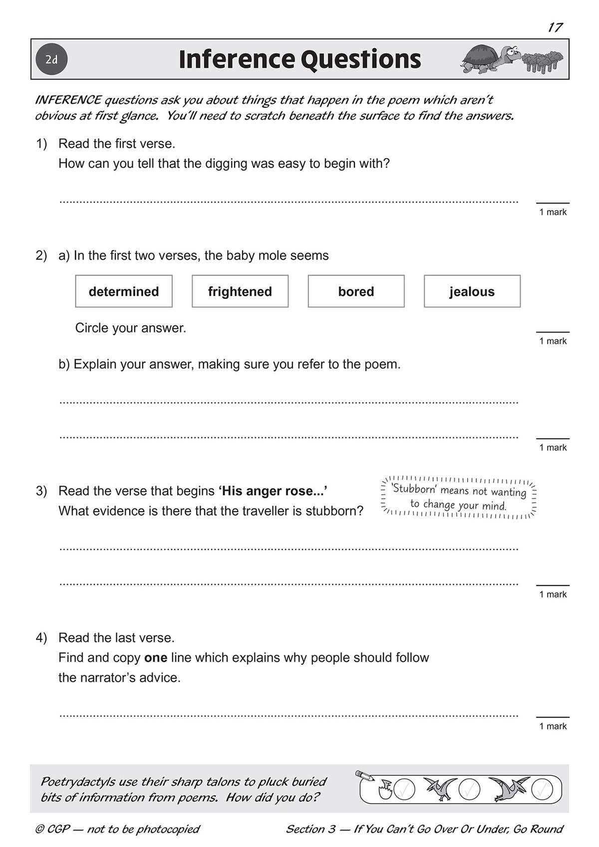 Four inference questions on a poem, including a multiple-choice item and a vocabulary definition, with space to write answers