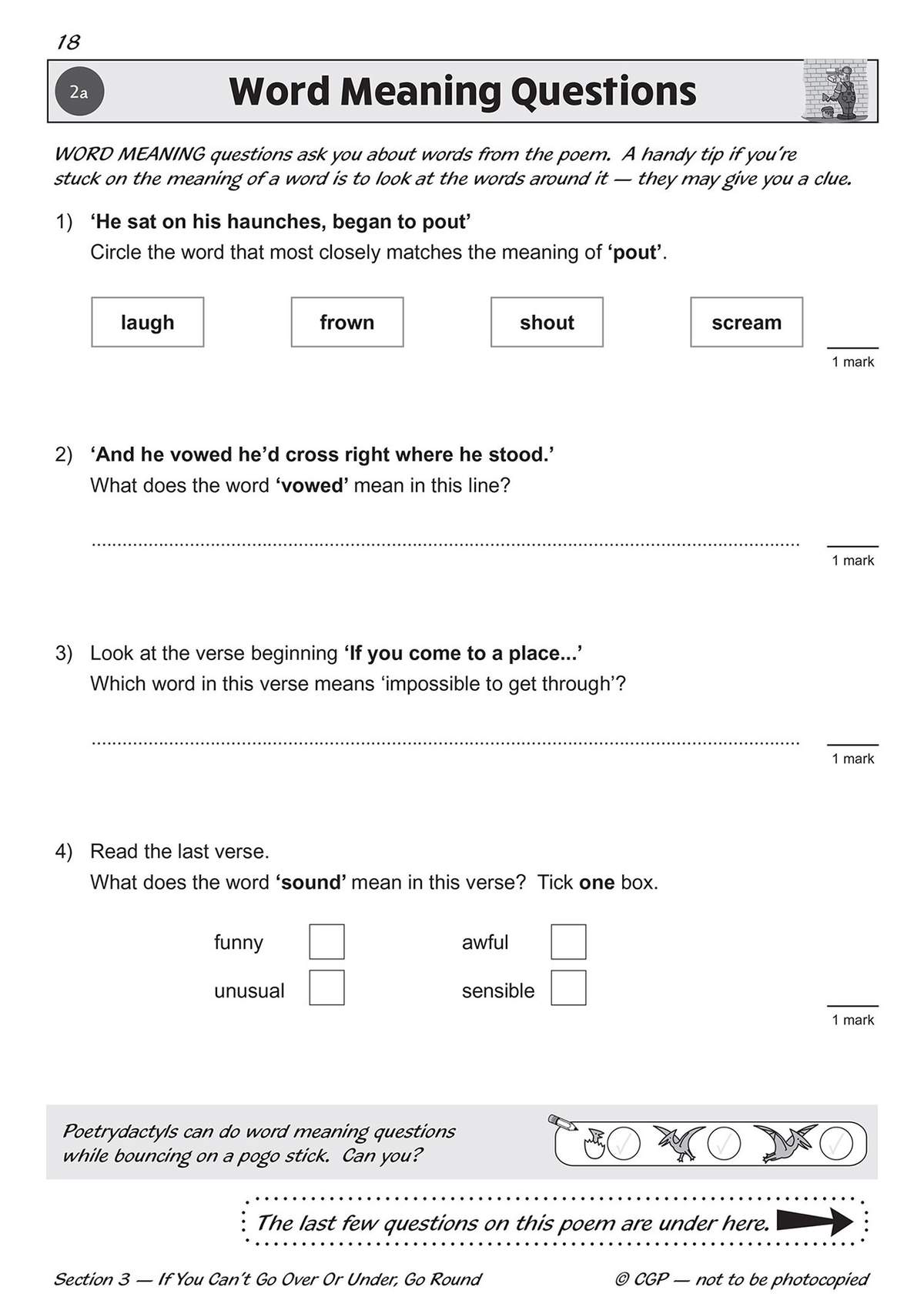 Four questions ask children to find the meaning of words from a poem using context clues
