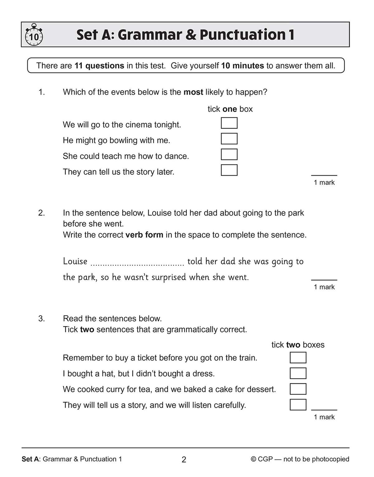 Three grammar questions test probability, verb forms and sentence correctness, with boxes to tick and a line to write in