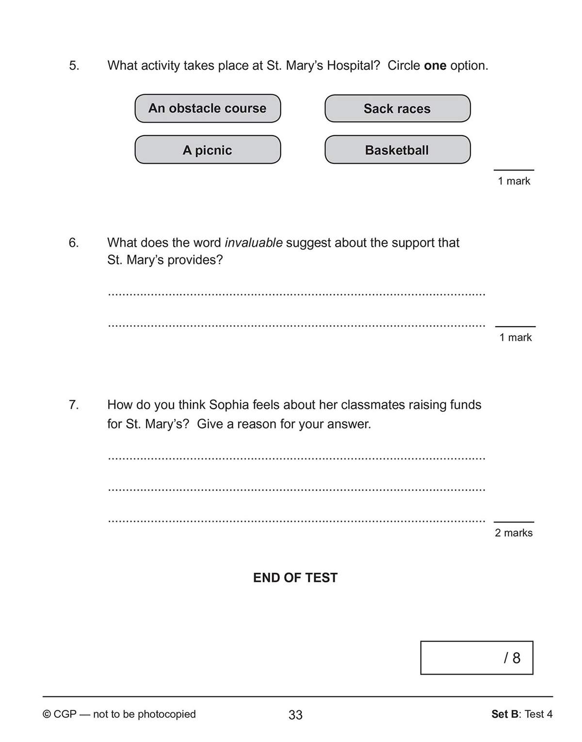 The final page of the test features three questions: a multiple-choice task, a short answer on vocabulary